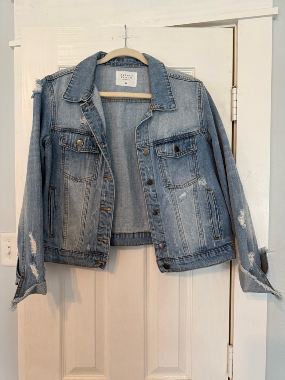 Nature Denim Los Angeles Light Blue Distressed Denim Jacket Xl
